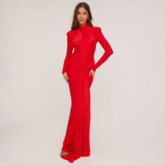 Ego Long Sleeve Padded Shoulders Wrap Detail Maxi Dress In Red Slinky