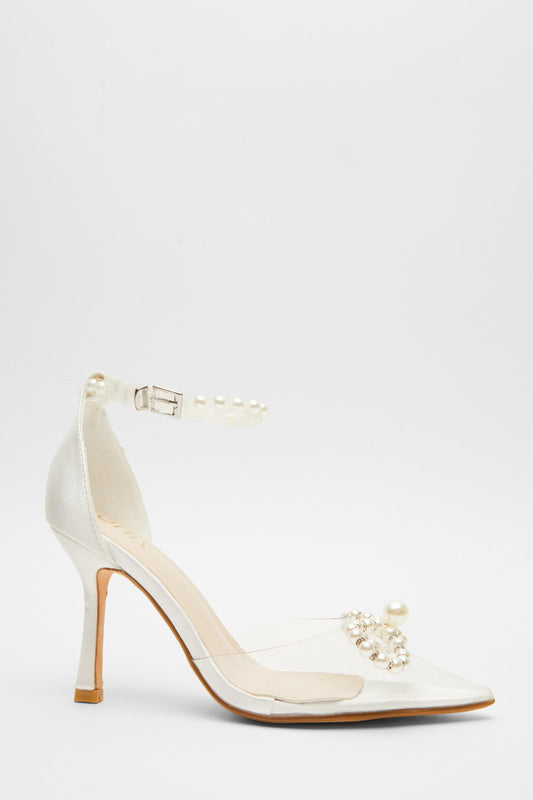 QUIZ White Satin Clear Pearl Bow Court Heels